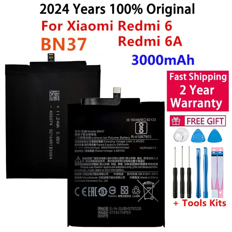 

Replacement Battery For Xiaomi Mi Redmi 6, Redmi 6A, Redrice 6, BN37, Genuine Phone Battery, 3000mAh, Tools Kits, Original