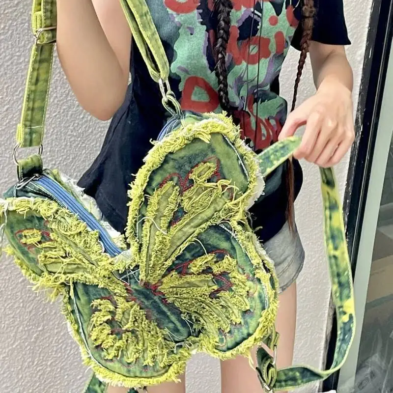 Fashion Butterfly Embroidery Shoulder Bags Y2k Aesthetic Trendy Women Casual Backpacks Vintage Denim Haruku Crossbody Handbags