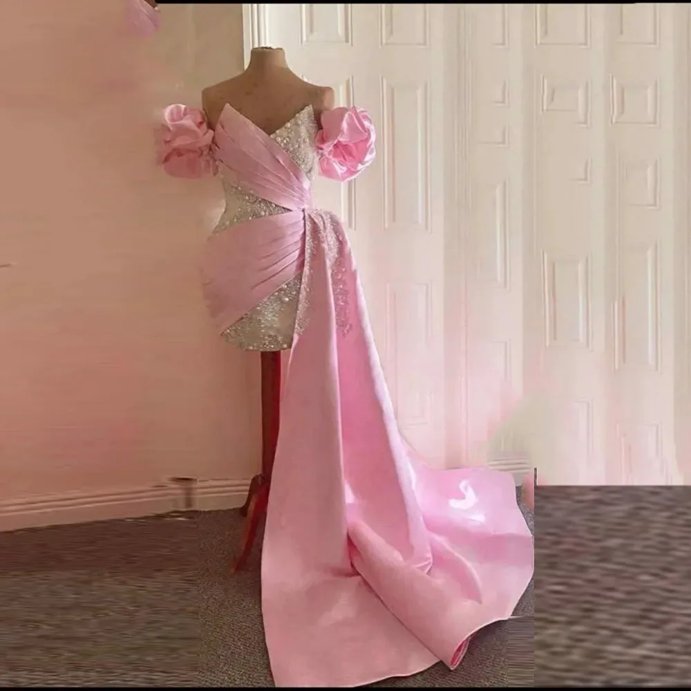 

Mini Short Pink Satin Cocktail Dress Sheath Cocktail Gown Sweetheart Beading Party Gown Sleeveless Prom Dress With Train