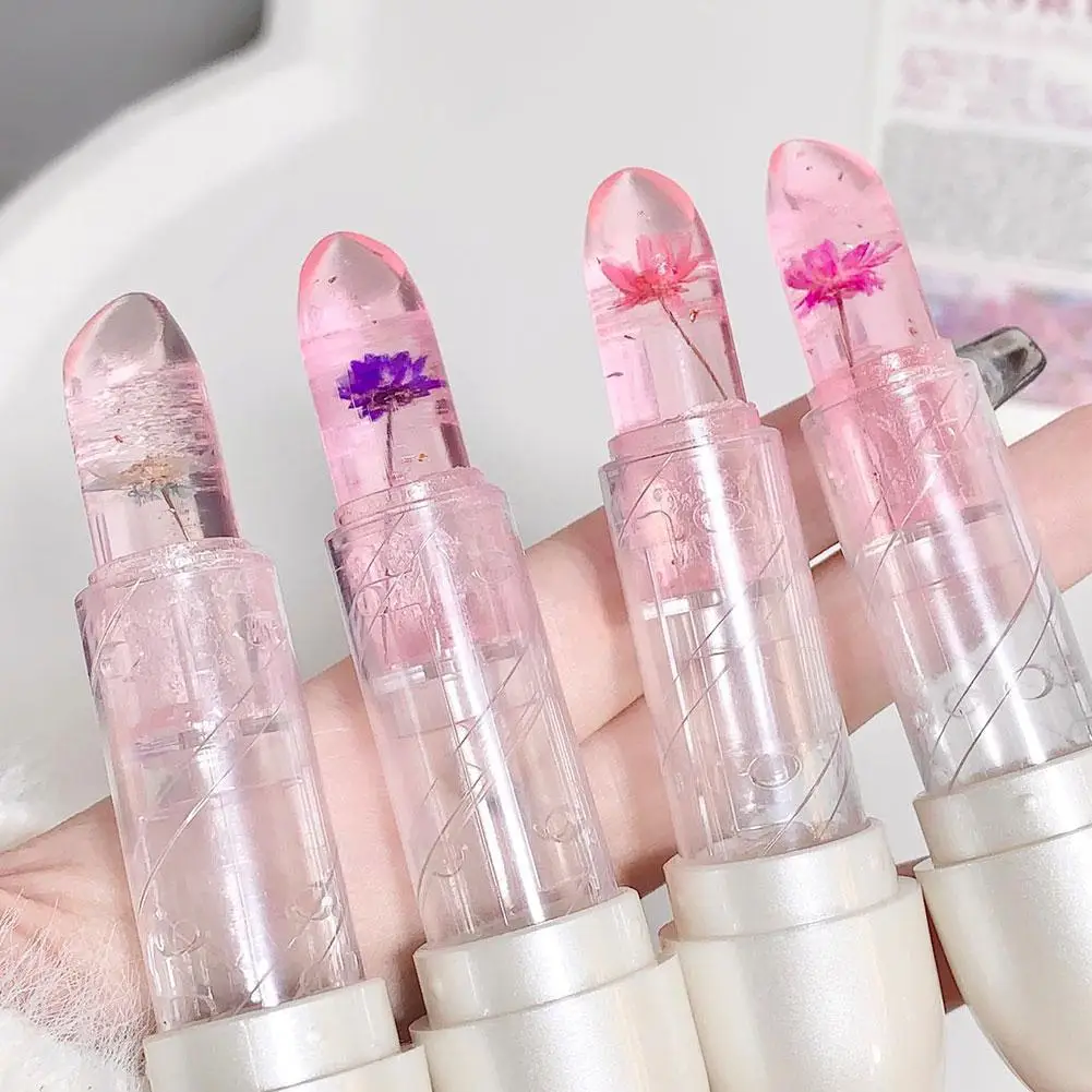 Lápiz labial transparente con flor seca, bálsamo labial que cambia de Color con la temperatura de cristal, hidratante, maquillaje para el cuidado de los labios