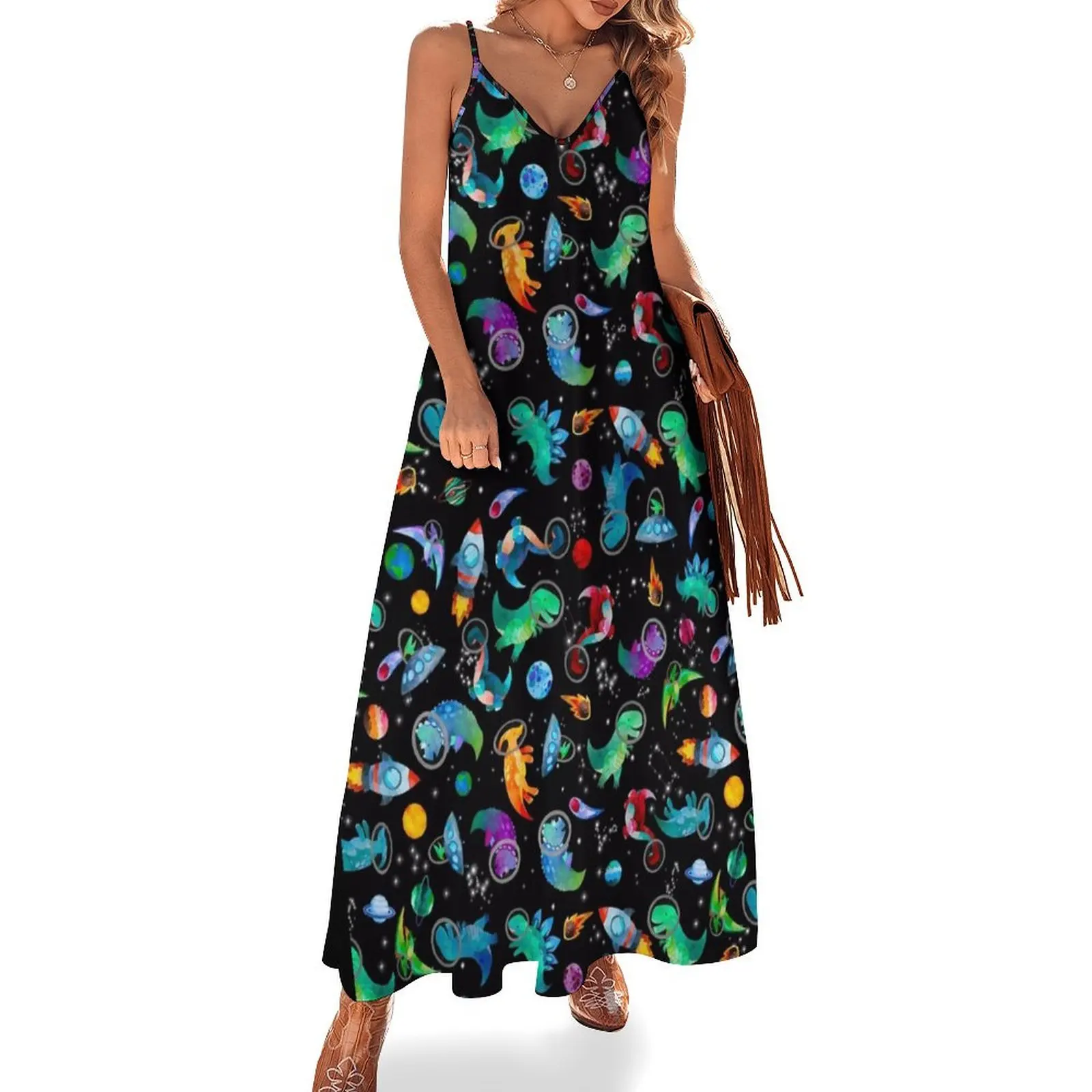 

Watercolor Space Dinosaurs Galaxy Pattern Sleeveless Long Dress Aesthetic clothing prom dresses party dresses women Dress