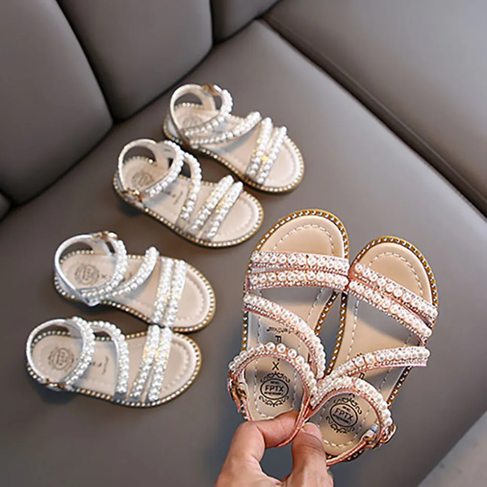 Elegant Girls Open Toe Sandals with Pearls Summer Performance Children Shoes  Available in Multiple Sizes for Little to Big Kids