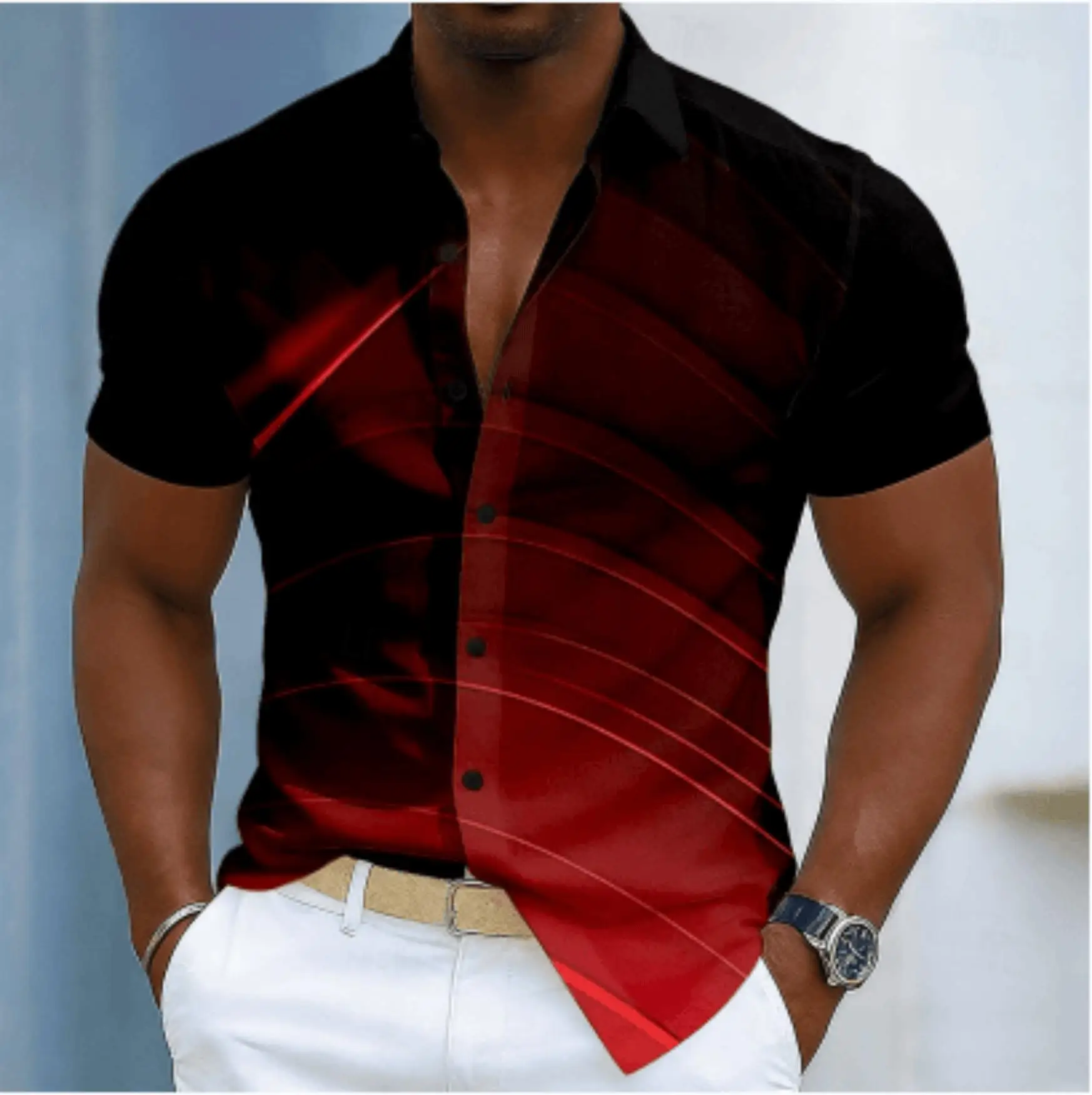 Men's Gradient Stripe Line Print Short Sleeve Shirt, Spring Summer Edgy Casual Party Blouse, Loose Casual Top