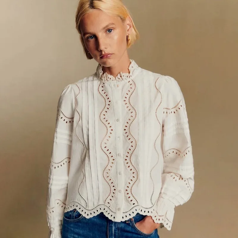 

【Gift Free】2025 Autumn/Winter Elegant Lace Stand Collar Hollow-Out Embroidered Pintuck Bell Sleeve Vintage Blouse