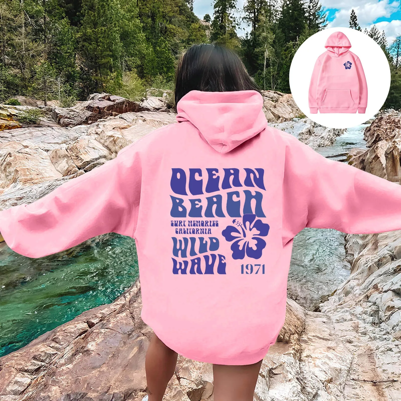 Women Sweatshirts Casual Long Sleeve Letter Graphic Tee Shirts Hooded Sweatshirts Pink Palm Puff Streetwear Fleece Warm Top