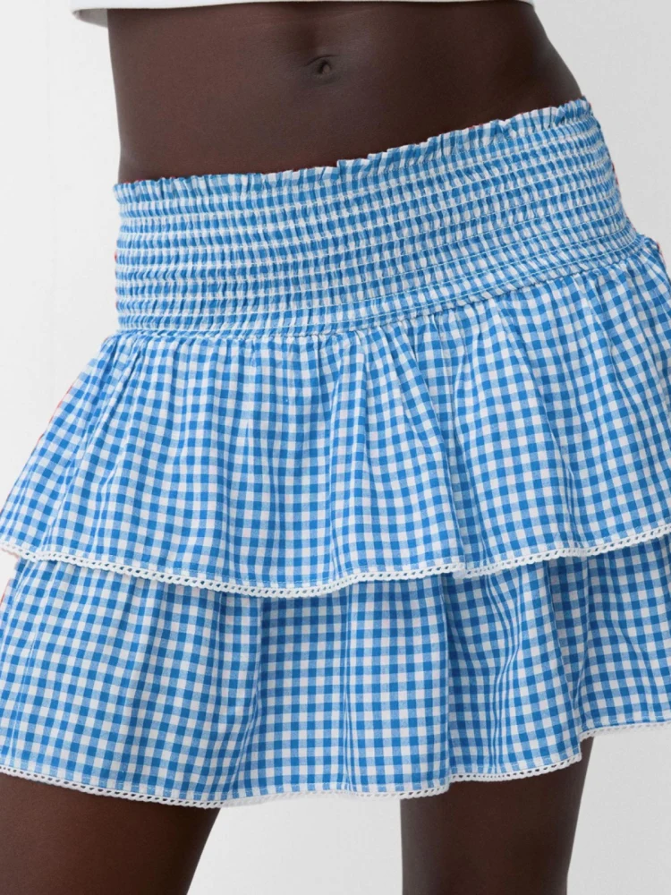 Cross-Border Style Casual Plaid Bubble Skirt Elastic Waist Lace High Waist Polyester Short Skirt Women's Fashion Spring Summer