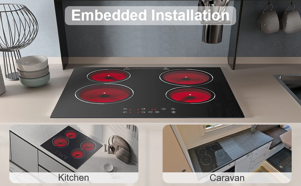 Eingebautes 4-Zonen-Keramikkochfeld 60 cm 6000 W Elektroherd mit Touch-Steuerung, Kompatibel mit Allen Kochgeschirrteilen, Timer, Kindersicherung, Restwärme-Warnung – Detail 4