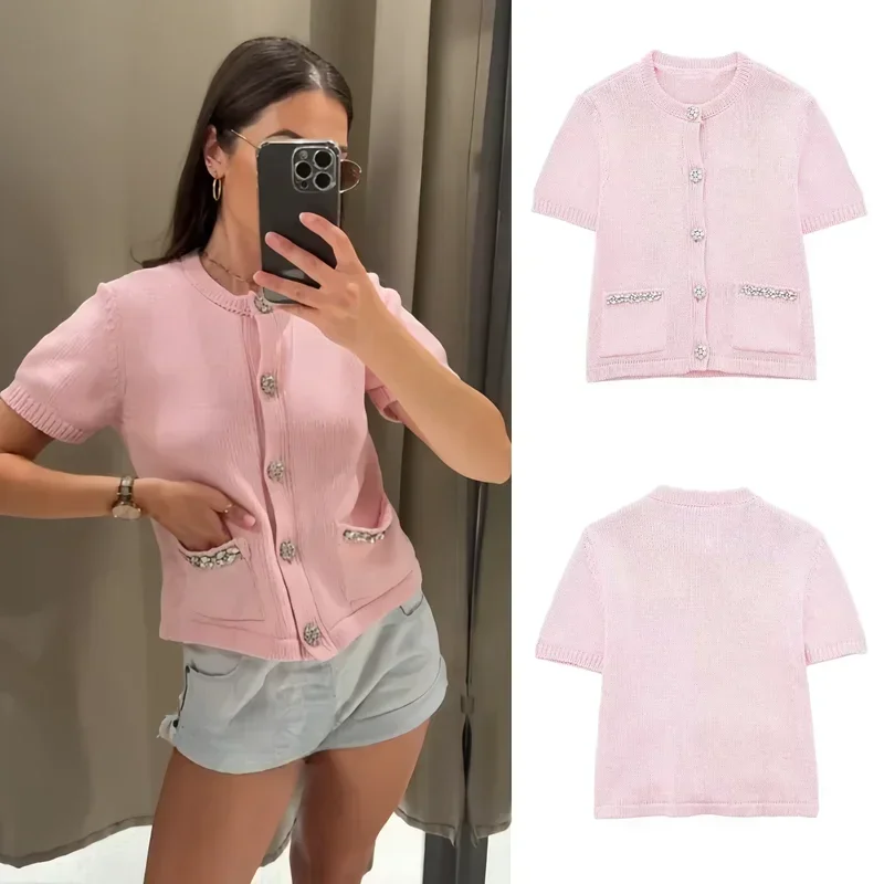 

Women's Autumn Casual Knitted Cardigan Single Breasted Round Neck Pocket Cardigan Half Sleeve Women's Sweater