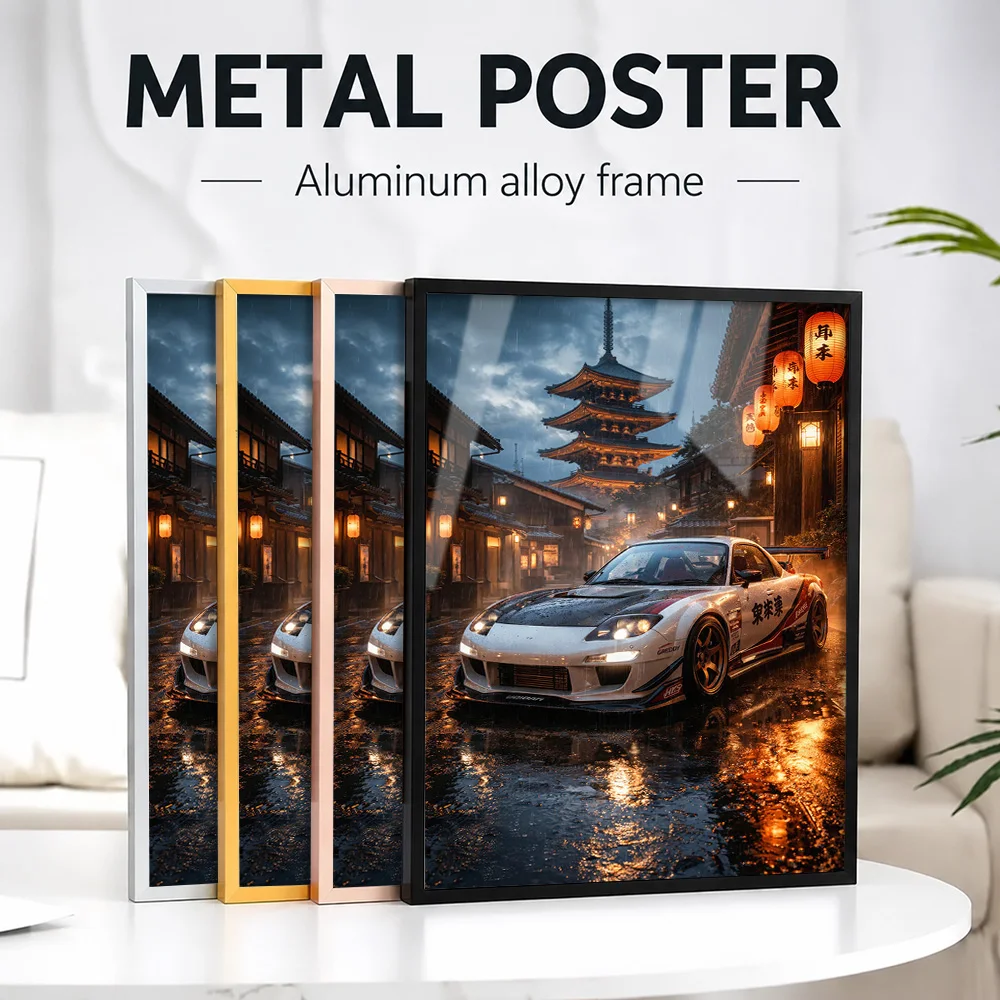 Tuned Japan Sports Car In Rainy Kyoto Metal Poster With Aluminum Alloy Frame Customized Photo Dynamic Style Wall Art For Study