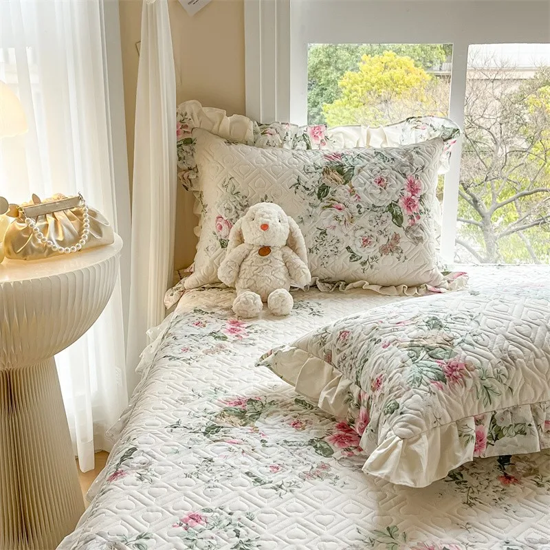 100%Cotton King Queen Bed Skirt Ruffle Cotton Quilted 18Inch Bed Skirt Thick Quilted Bed Cover Dustproof Bed Skirts 2Pillowcases