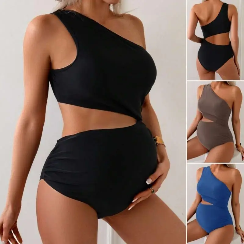 Maternity Single Shoulder Swimsuit For Pregnant Women Make Of Nylon With Comfortable Elastic Design And Belly Support A2UB