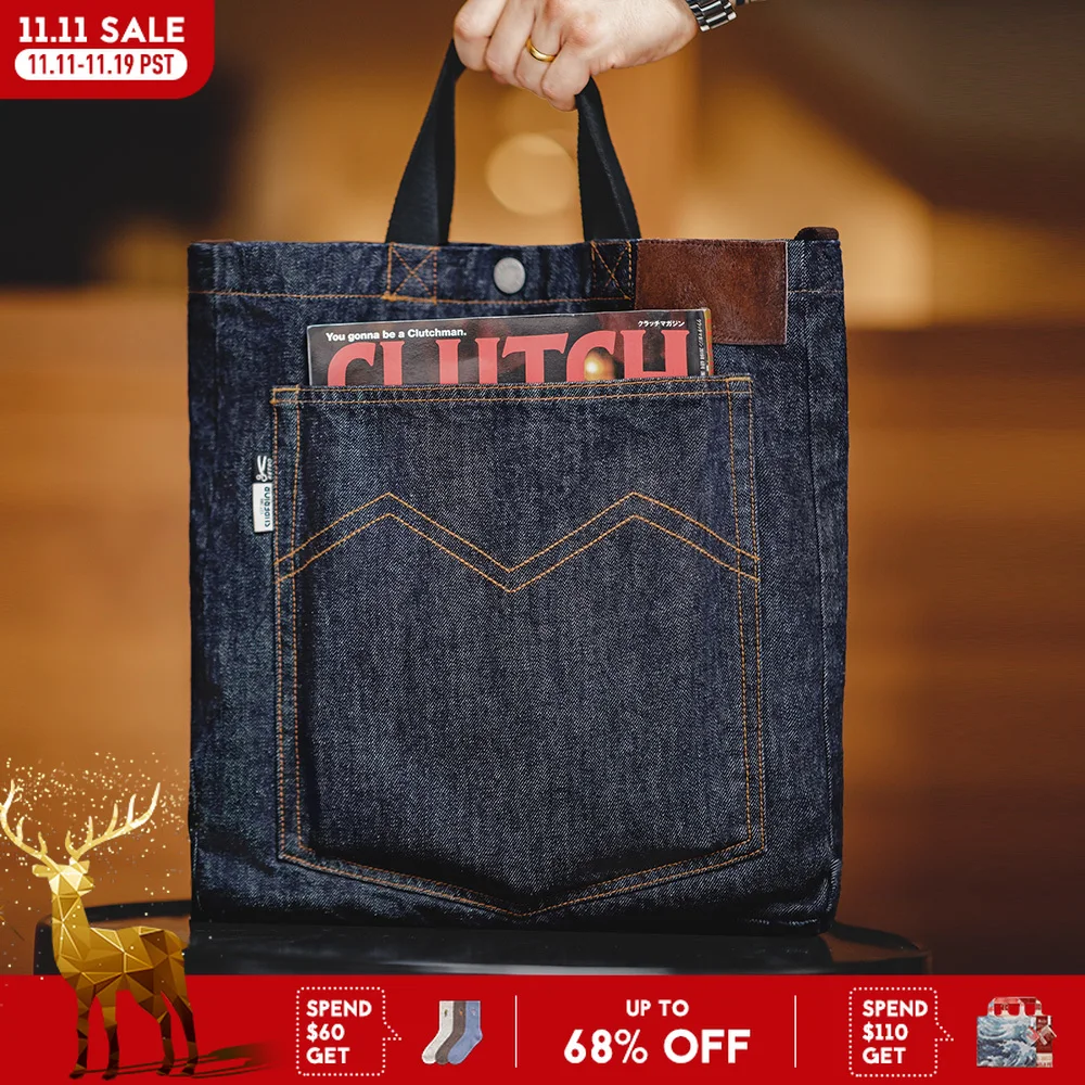 

Maden Retro 14oz Denim Bags Unisex Single Shoulder Crossbody Bags Embroidered Versatile Hand-held Flat-panel Tote Bags for Daily
