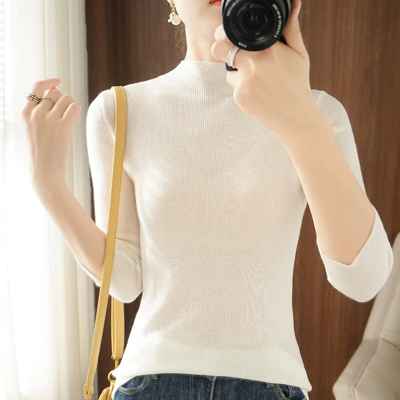 Women's Pullover Spring/Autumn Worsted Wool Sweater Casual Solid Color Knitwear Ladies' Tops Slim Half Turtle Collar Blouse