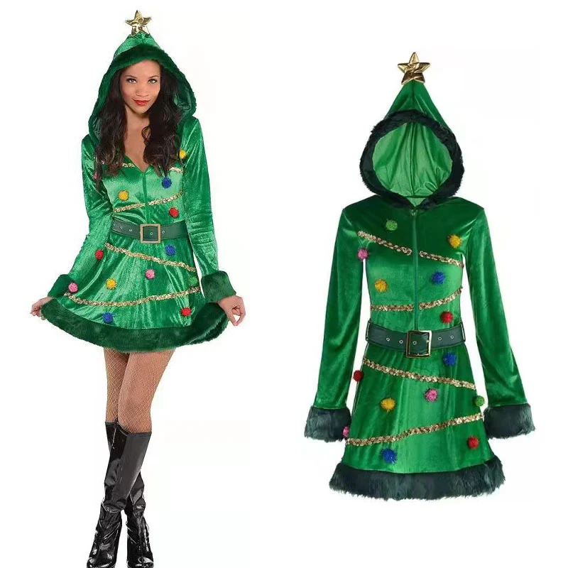 Women Christmas Tree Green Dress Adult Hooded Sequin Fancy Costume with Belt Pom-pom Christmas Costumes Halloween Carnival Party