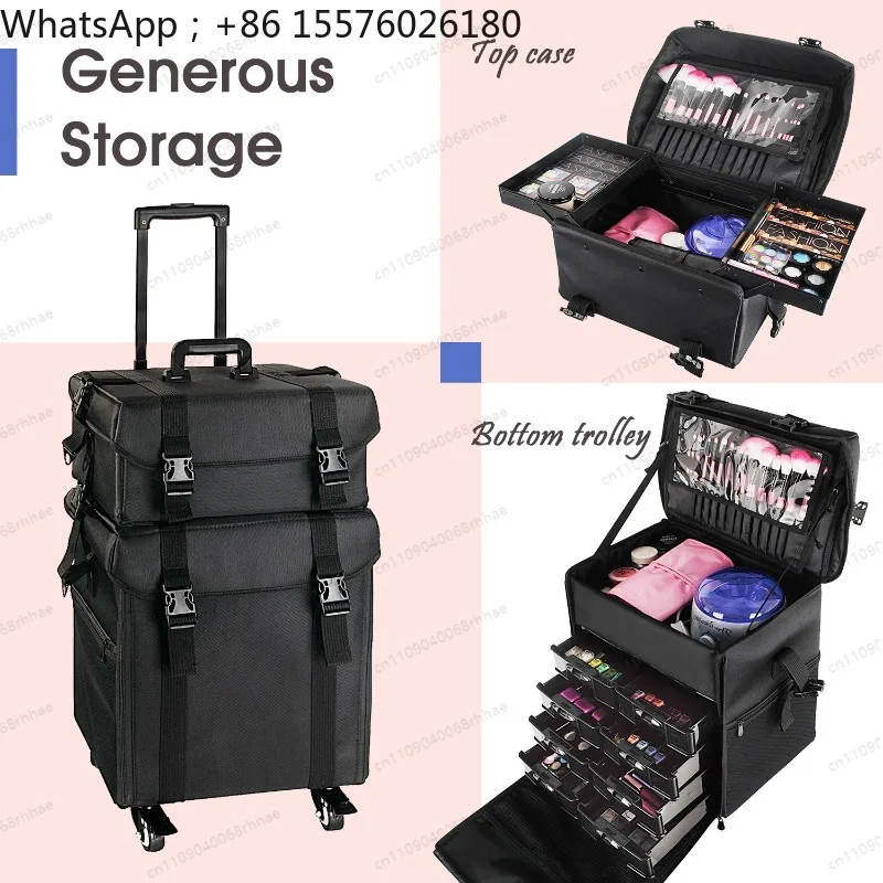 Black Professional Makeup Rolling Trolley Storage Box with Removable Top Box 2-in-1 Nylon Vanity Case with Wheels