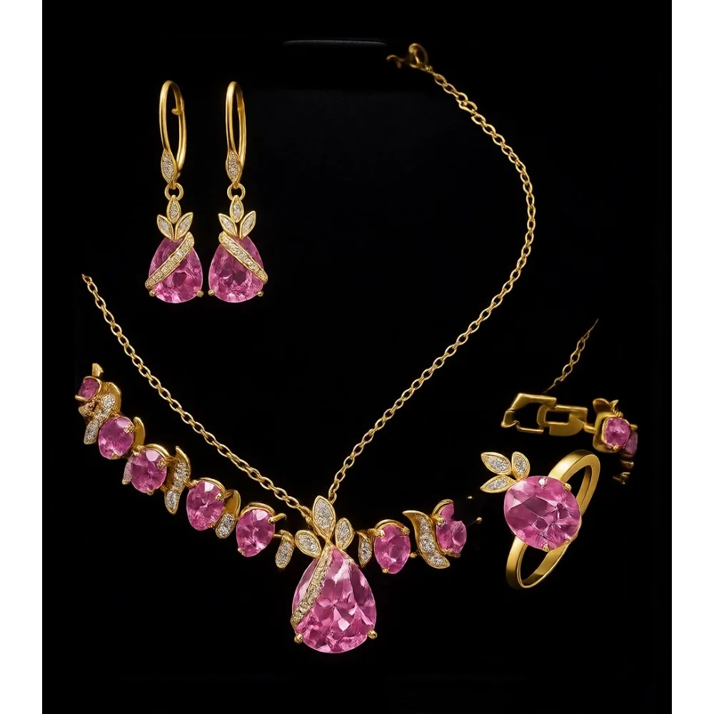 

Набор украшений с фианитами в форме капли: колье, серьги, кольцо, браслет для женщин, элегантный подарок