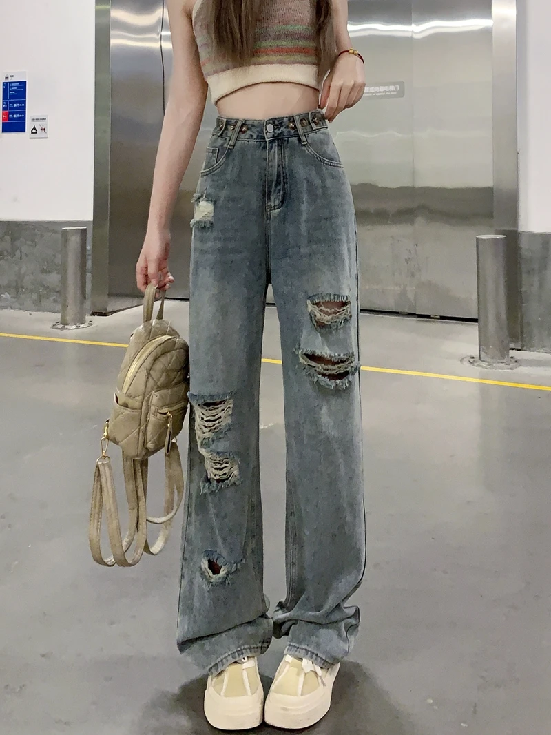 150 Short retro ripped wide leg jeans Women's early spring high waisted loose straight leg mop pants xs show height