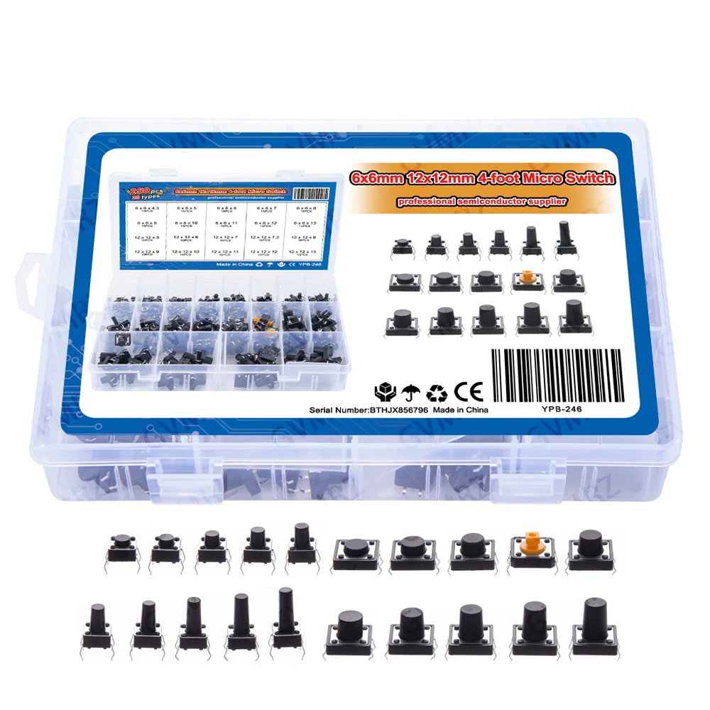 250pcs 20value 4pins 6x6mm 12x12mm Tactile button switch micro instant classification Assorted kit 11/12/13mm Component