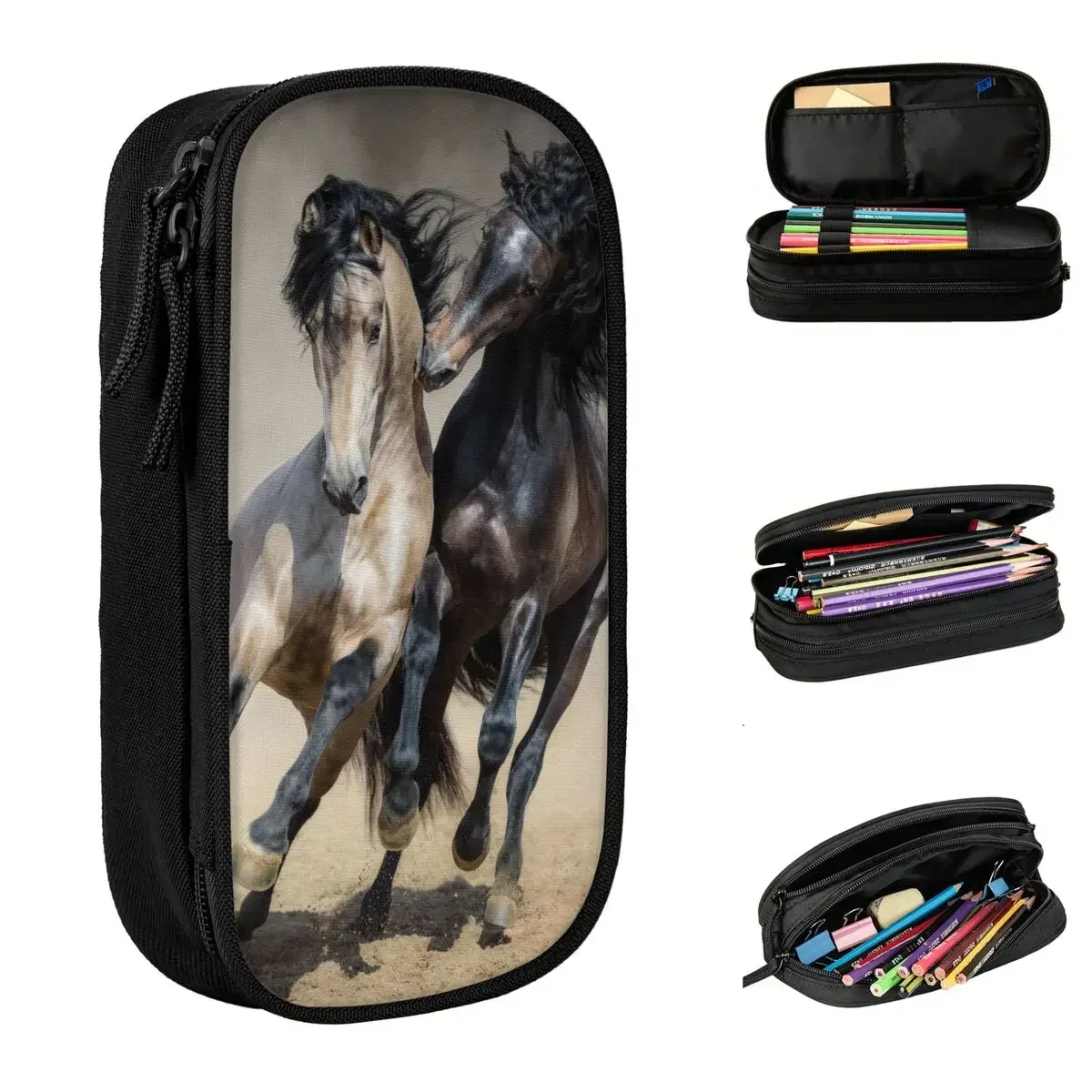 

White Gray Horse Pencil Case Galloping Animal Lovers Pen Box Bag Girls Boys Big Capacity School Supplies Gifts Pencil Pouch