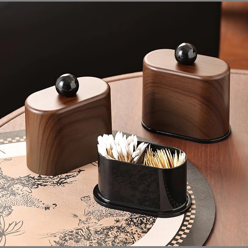 

European Plastic Toothpick Box Imitation Walnut Wood Grain Checkered Dental Floss Cotton Swab Storage Box Home Storage Jar New
