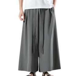 Cozy Black Ice Silk Hakama Kung Fu Pants A Wide Bottom Wushu Kimono Chinese Mens Cotton Wide Pants For Mens East Style Grey
