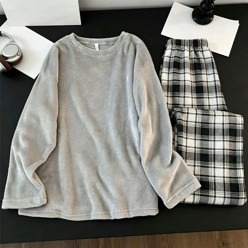 Men Pajamas Winter Crew Neck Simple Warm Cosy Plush 2‑Pieces Sleep Outfit Thick Soft Relaxed Home Loungewear Indoor NightWear