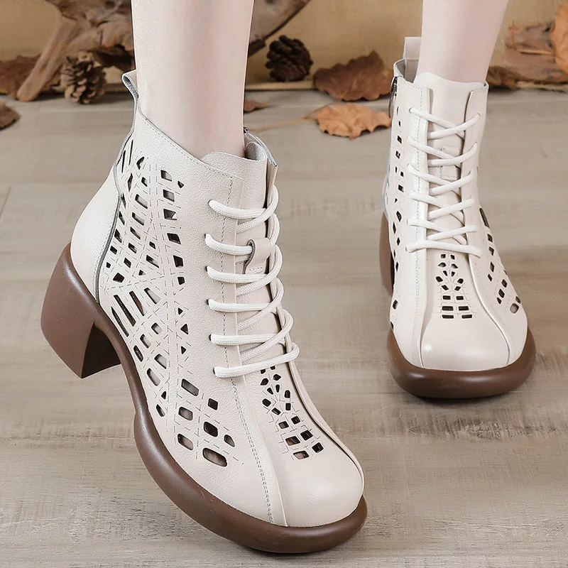 Xiuteng 2023 New Spring Summer Hand Sewn Women Hollow Cowhide Boots Flat Shoes Non Slip Lace Up Ankle Boots Casual Sneakers Boot