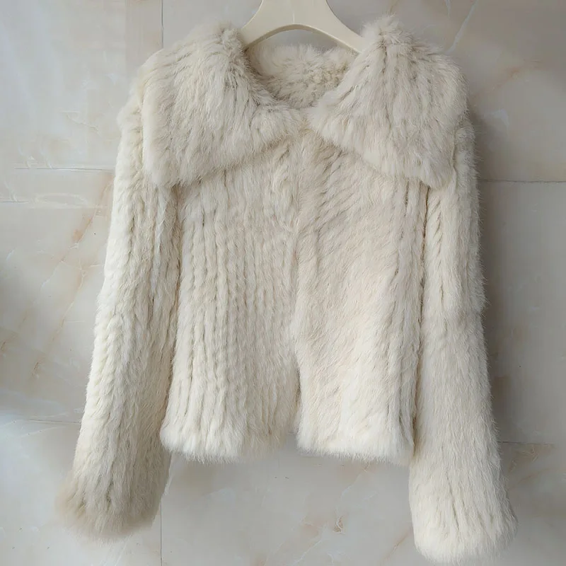 Abrigo de Piel de Conejo Real Tejido para Mujer, Invierno 2026, Alta Calidad, Manga Larga, Cuello Grande, Chaqueta Cálida para Mujer