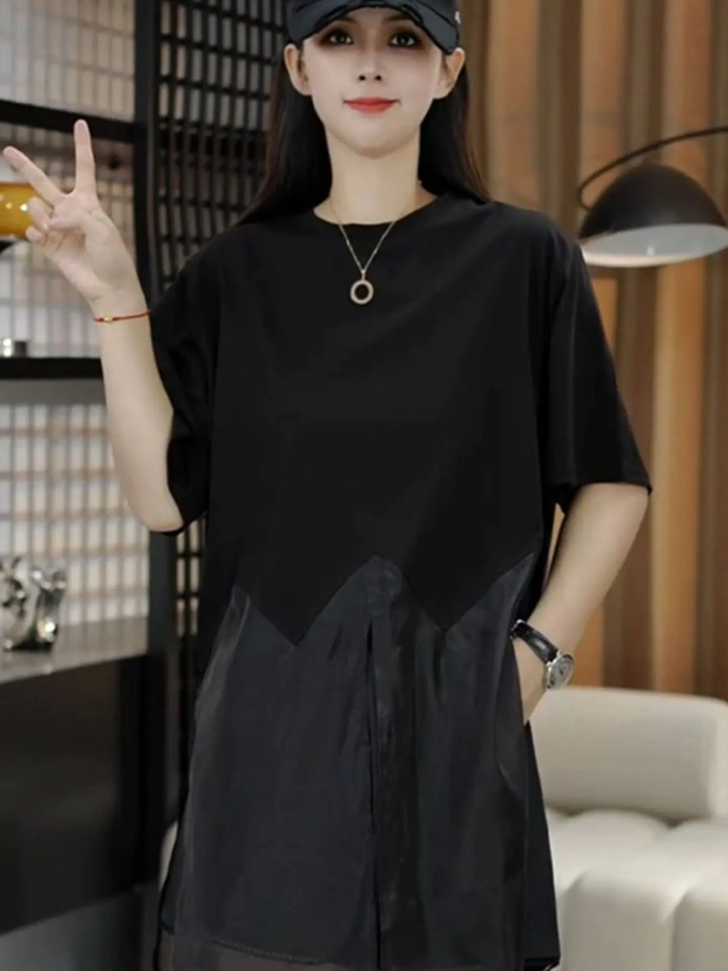 

Ele Korean Sle Women's ort Sve round Ne T-irt Patchwork oulder Banded Summer Top Faion Commute Silk Blend