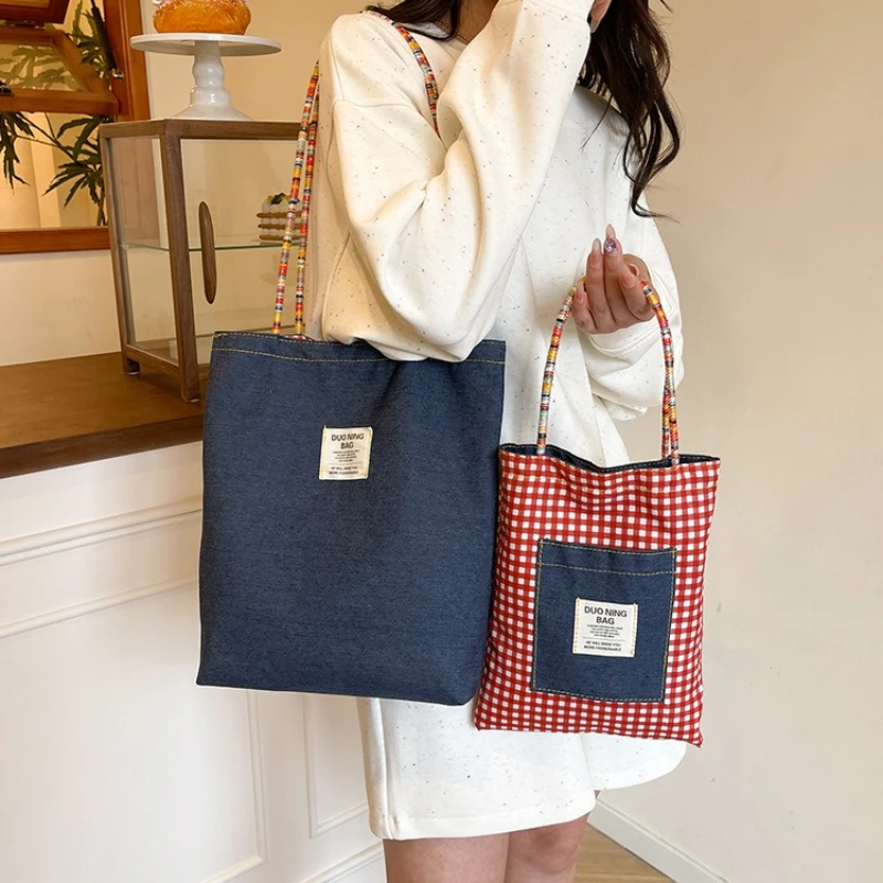Retro Plaid Denim Double-sided Shoulder Bags for Women Commuter Ladies Bead Handbags Tote Casual Versatile Female Underarm Bag