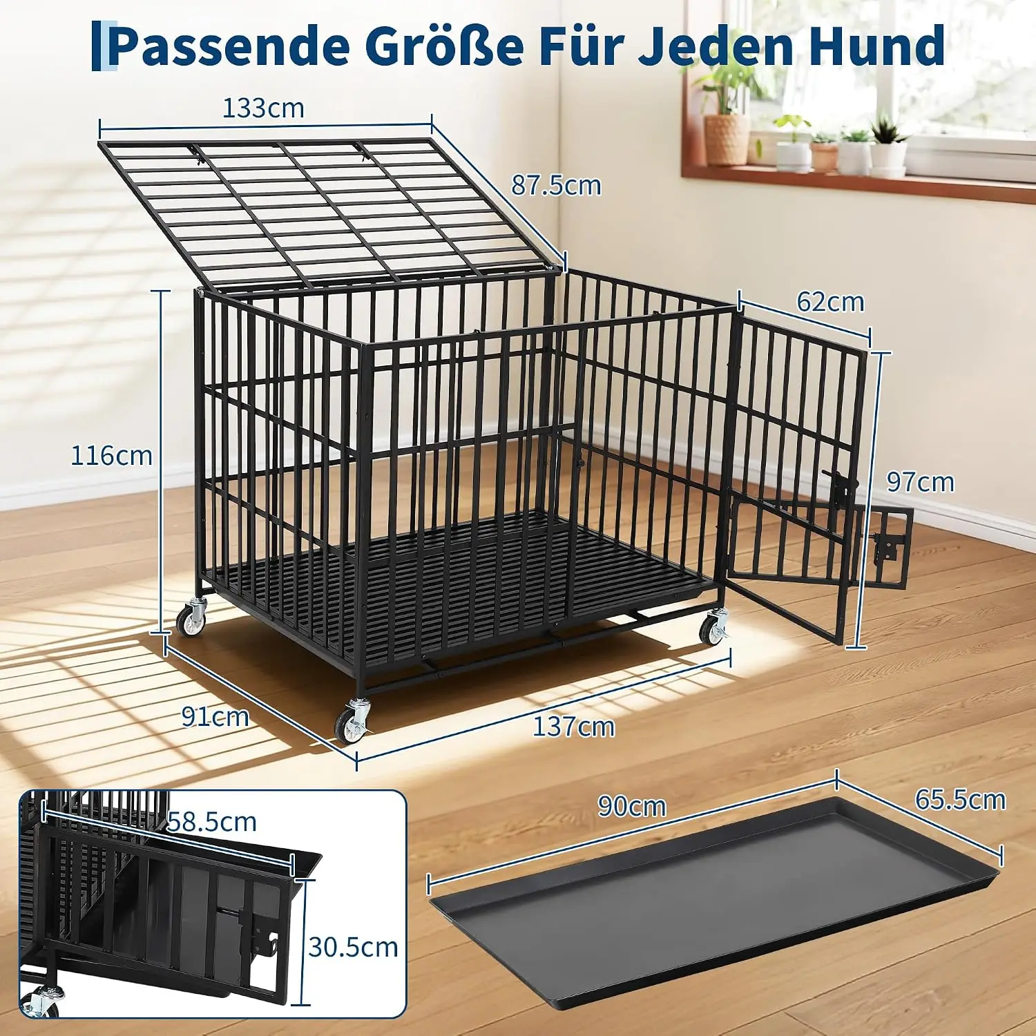 Garvee XXL Escape-Proof Metalen Hondenkrat Europese Versie, 3 Afsluitbare Deuren, Robuuste Hondenkennel met 4 Universele Rolwielen & Verwijderbare Reinigingsbak, Grote Hondenkooi voor Binnen