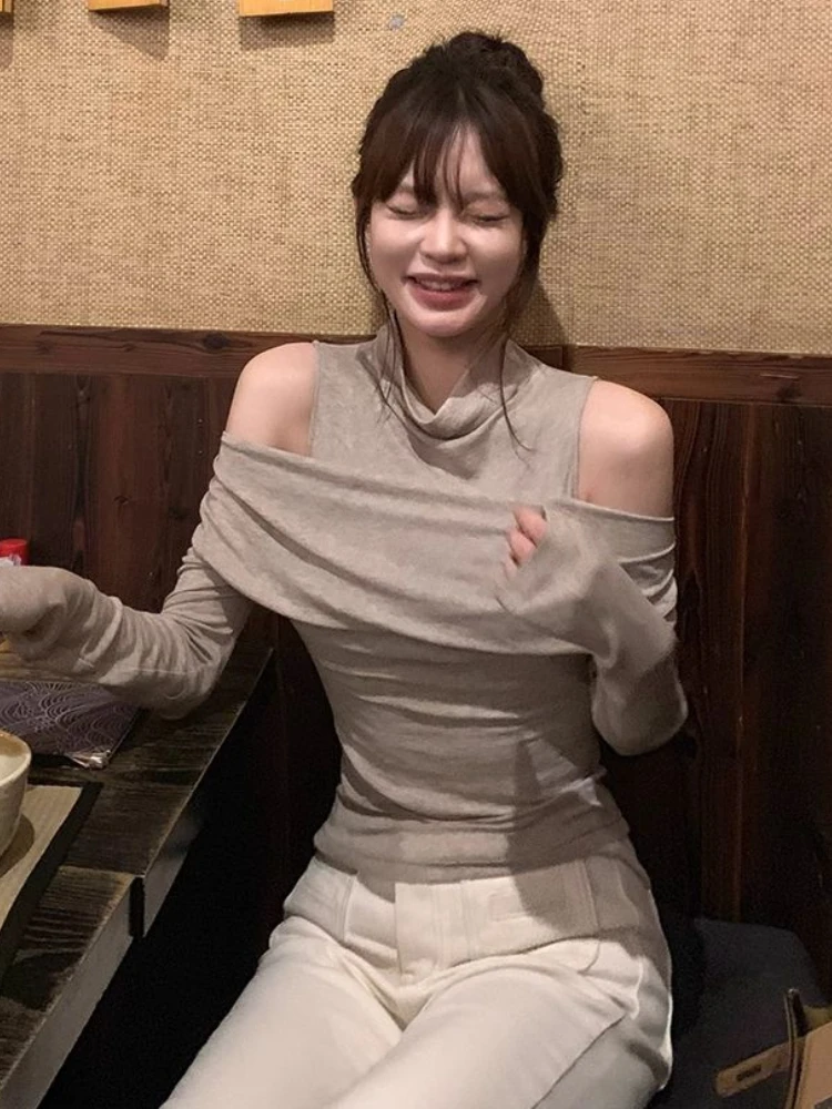 Camisetas lisas con hombros descubiertos para Mujer, manga larga, elegante, ajustada, estilo coreano, diseño que combina con todo, ropa de calle de ocio para Mujer