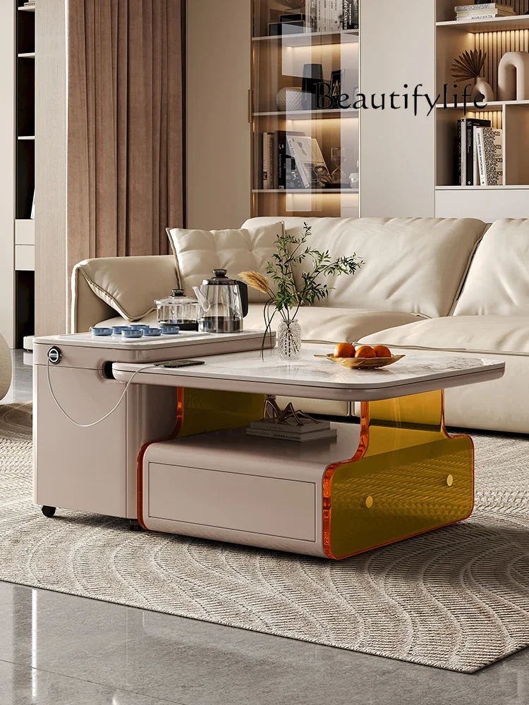 X35 Square Rock Slab Living Room Household Small Apartment Modern Light Luxury Multi-functional Tea Table Balcony Movable Tea T