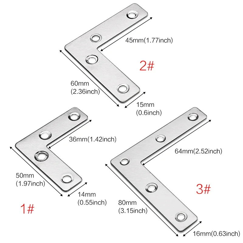 10 Pcs Flat Corner Brace, L Type Shelf Bracket 50/60/80mm(1.97/2.36/3.15inch), Heavy Duty Stainless Steel Shelf Supports