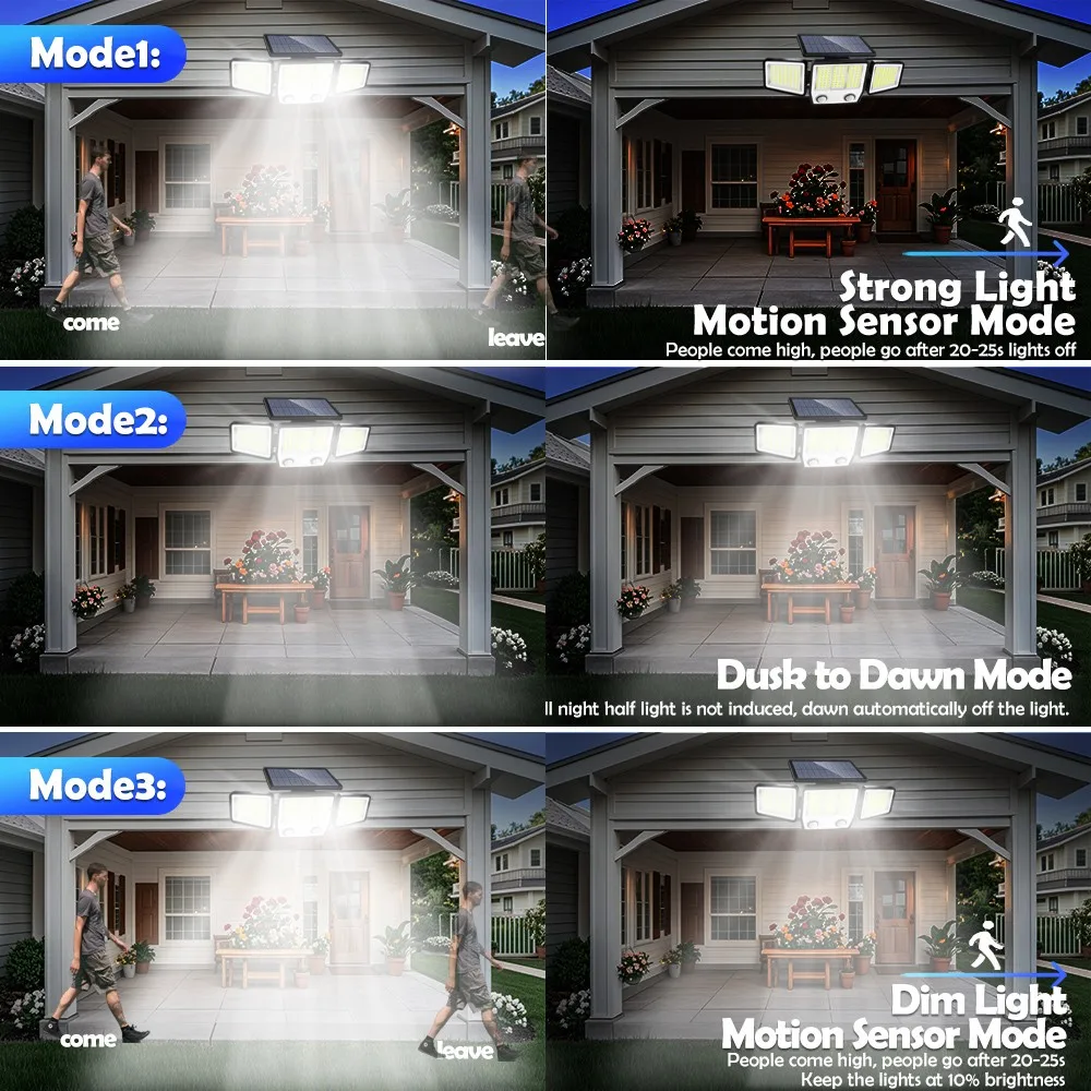 3 Heads Solar Motion Sensor Lights 236/223LED Solar Security Flood Lights Waterproof 3 Modes Wall Light Garden Yard Patio Pathwa
