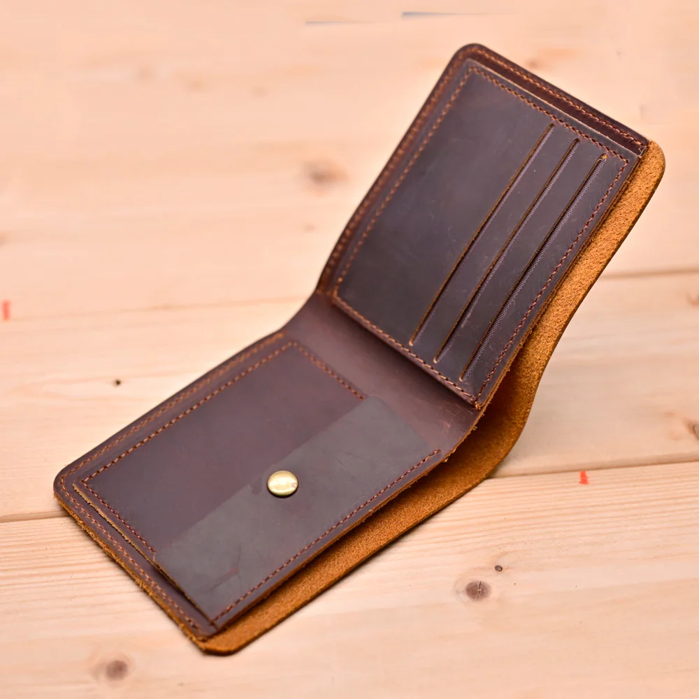 Echtes Leder Herren-Geldbörse Vintage Bifold Kurze Geldbörse Handgefertigt Crazy Horse Rindsleder Schlanker Kartenhalter Männliche Taschen-Geldbörse – Detail 2