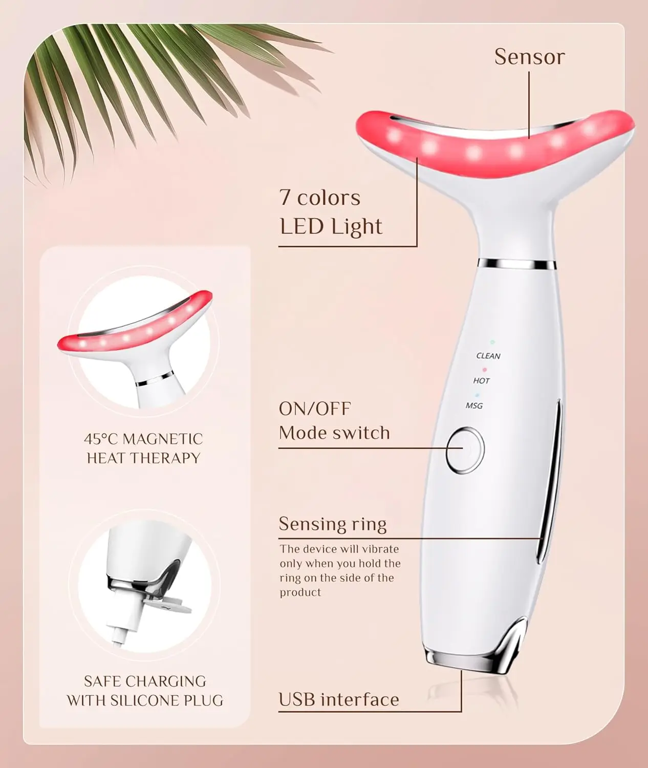 علاج بالضوء الأحمر بـ 7 ألوان للوجه والرقبة، أداة تدليك الوجه للتجاعيد والذقن المزدوجة، مدلك الوجه بالاهتزاز مع الحرارية