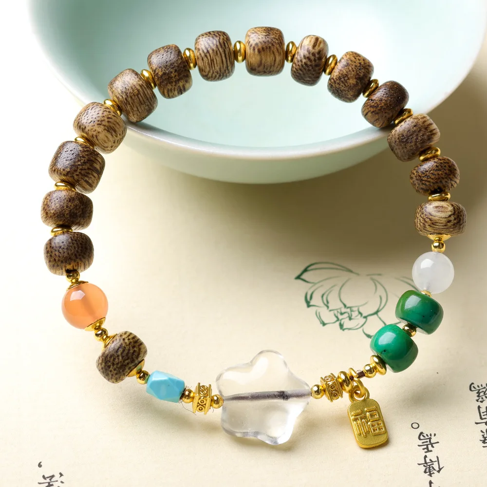 

Original Design Brunei Agarwood Tablet Bead Bracelet with South Red Agate Turquoise Like Agate Stars for Women Gifts