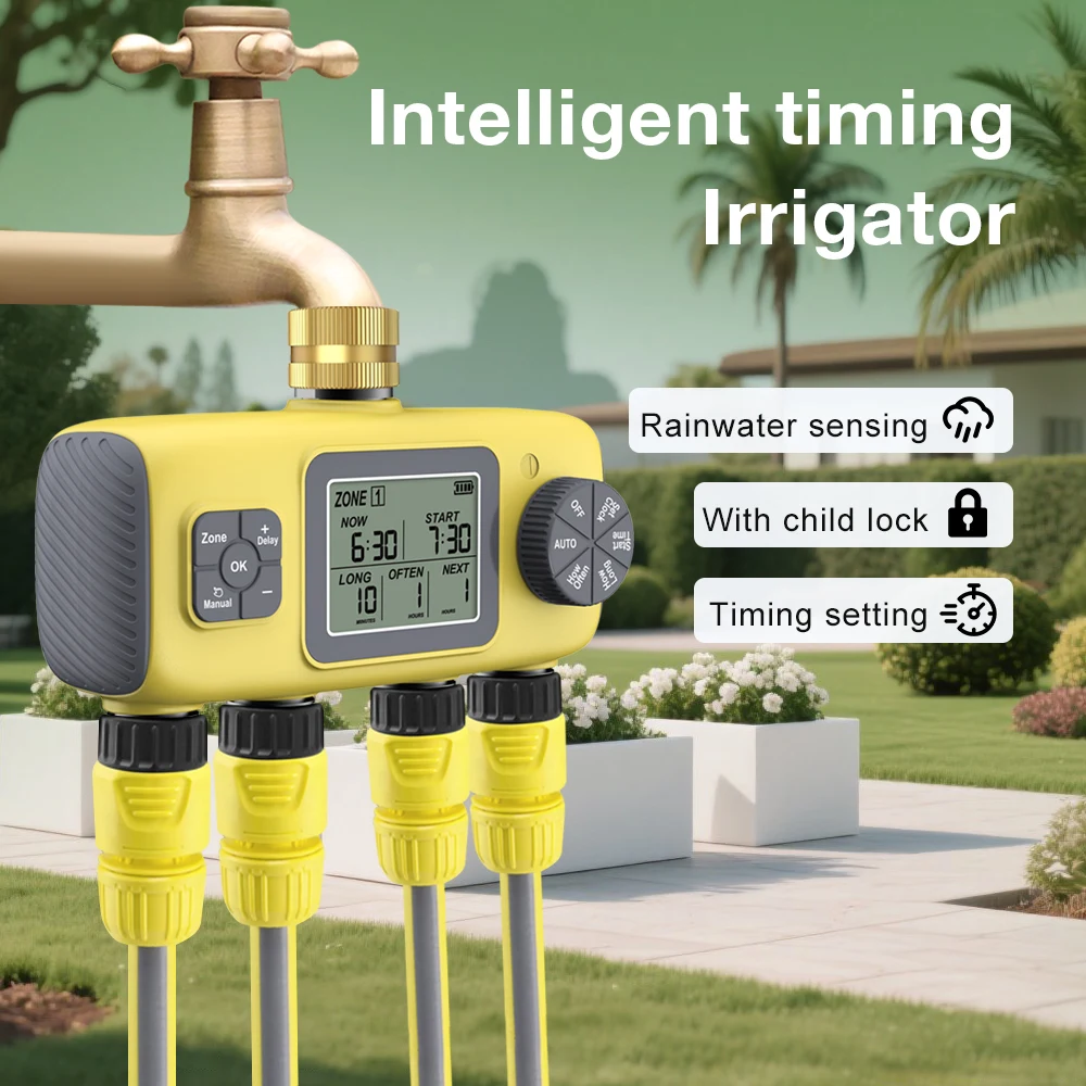 

4 Zone Garden Water Timer Intelligent Timing Irrigator with Rain Delay Child Lock Timing Setting 4 Outlet Programmable Sprinkler