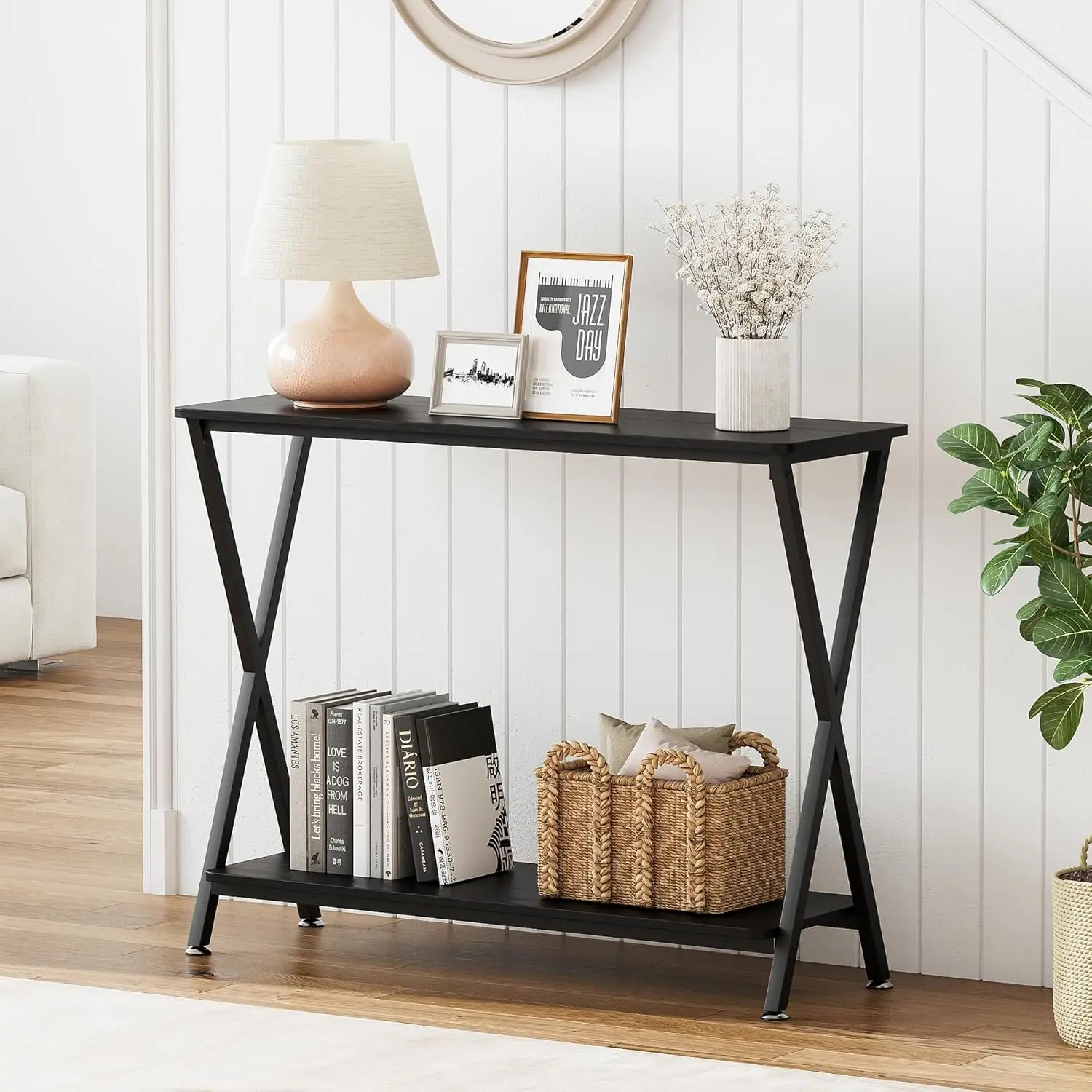 Narrow Console Table, Wood Sofa Table with Shelf, Metal Frame, 2-Tier Industrial Entryway Table For Living Room, 80*30*81cm