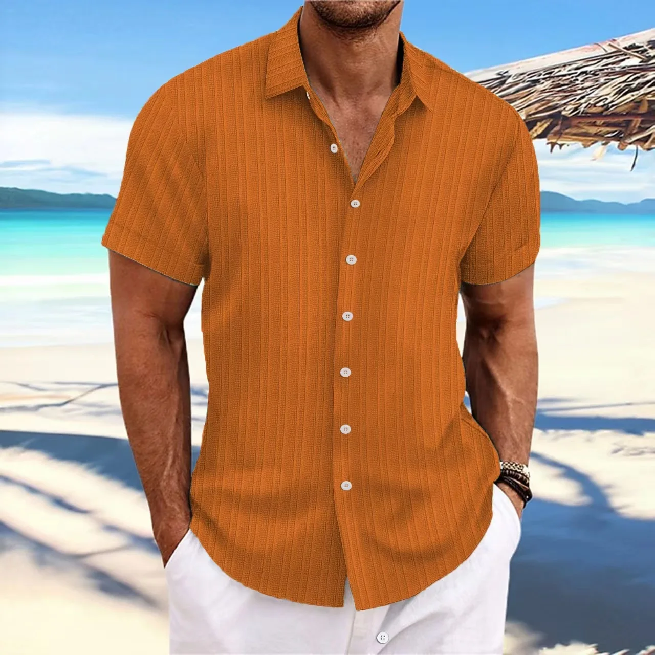 Camisa multicolor hawaiana de manga corta holgada y cómoda a la moda informal con solapa jacquard a rayas para hombre 2024