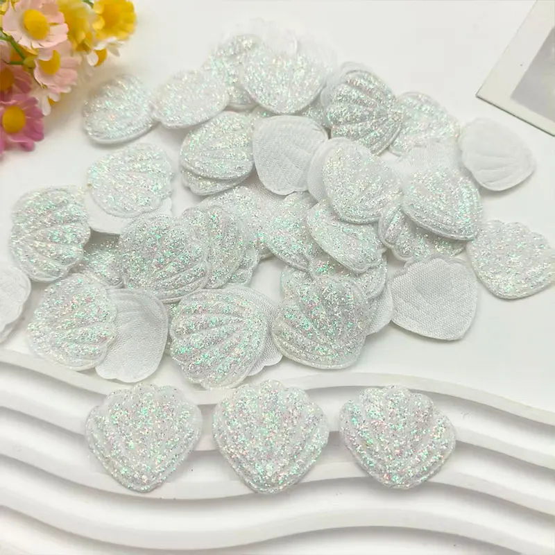 50 Stück weiße, gepolsterte Applikationen in Muschelform für DIY-Schuhe, Hüte, Taschen, Verpackungen, Dekorationen, Accessoires und Aufnäher. – Detail 6