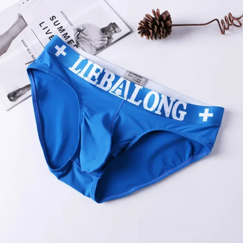 Men Fashion Bikini Youth Ice Silk Breathable Comfy Quick Dry Sports Panties Gay Sexy Mid-Rise Letter Waistband Bulge Pouch Brief