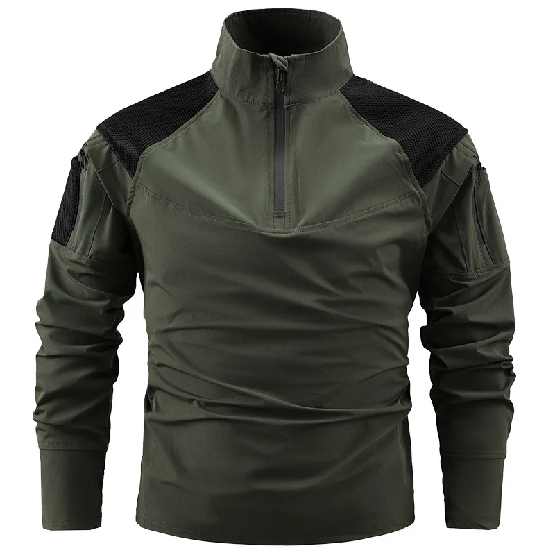 Half-zip tactical frogskin jacket for men - outdoor stretch military stand-up collar multi-pocket long-sleeved hoodie - 2206