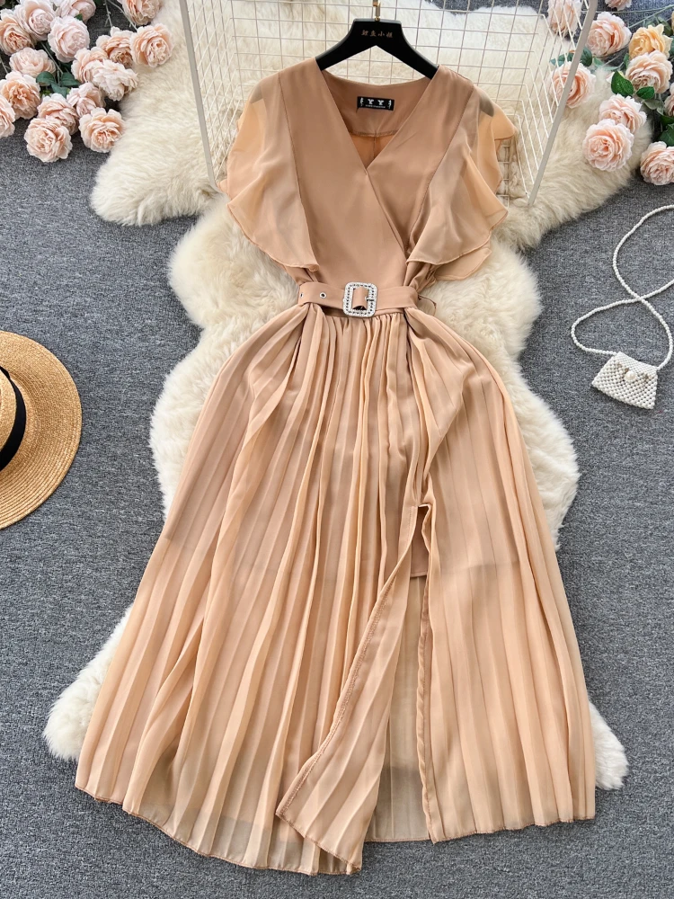 

Women Elegant Solid Double Breast Fly Sleeves V-neck Ruffle Sleeves High Waist Pleat Dress Summer Party Vacation Office Robe