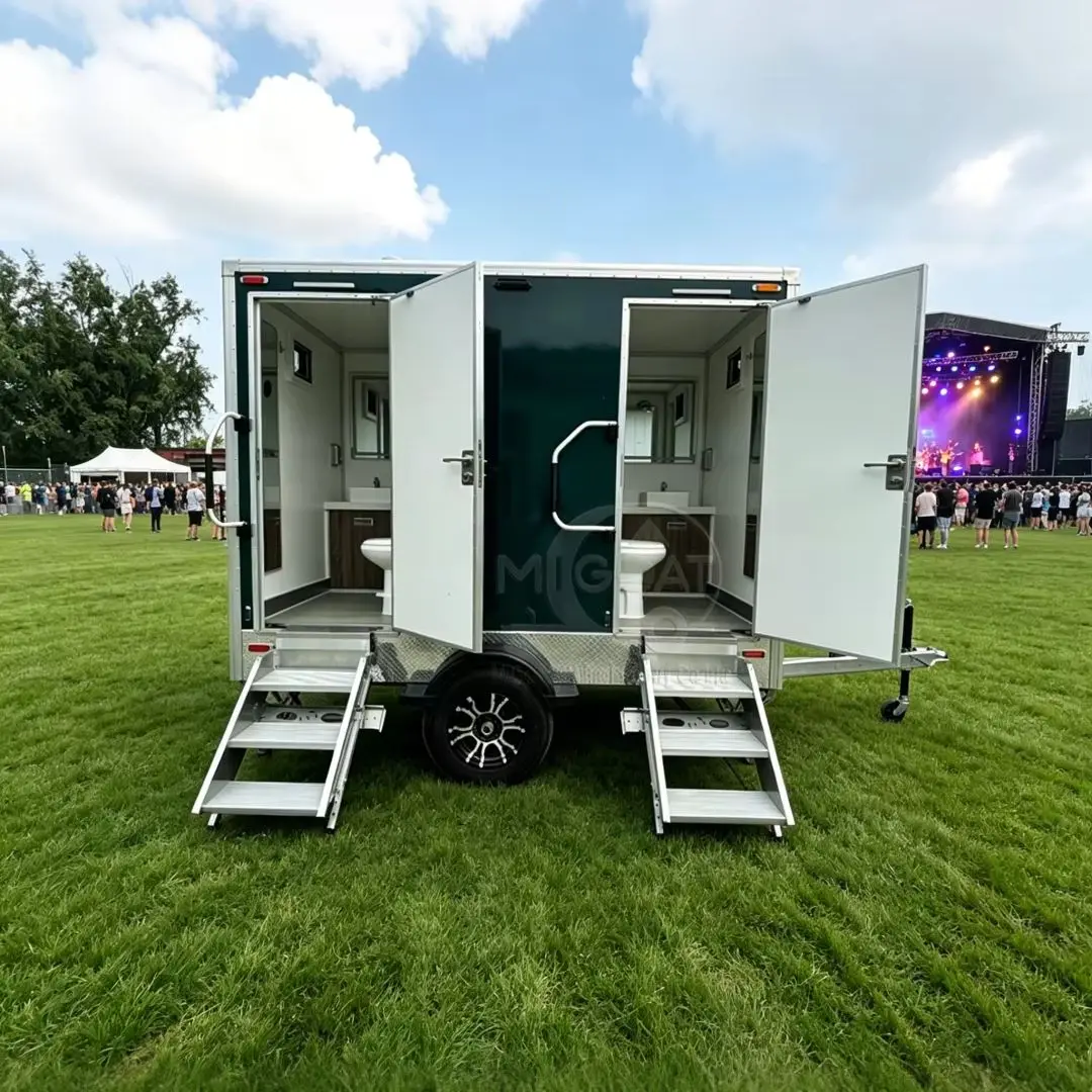 Dark Green & White 2-Stall Portable Restroom Trailer, Mobile VIP Toilet for Events, Camping & Outdoor Parties
