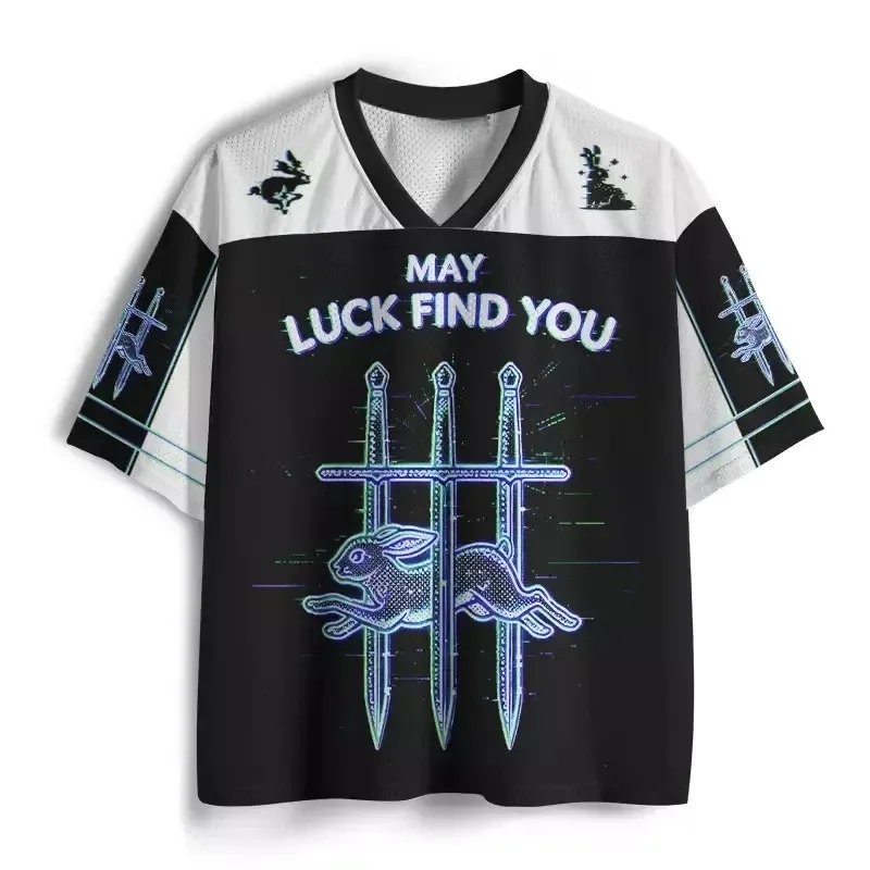 Neon Rabbit Sword Shirt MAY LUCK FIND YOU V-neck Loose Short Sleeve Breathable Hip Hop Sportswear Unisex
