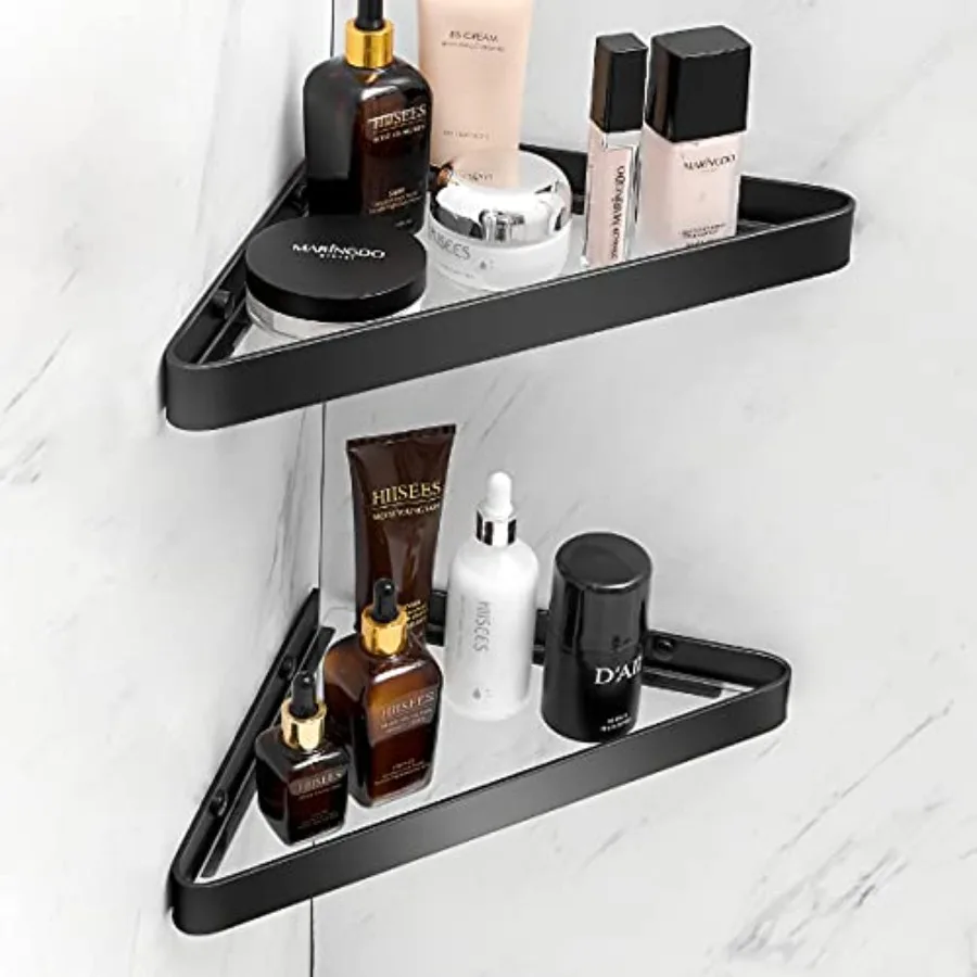 

Bathroom Shelves Wall Mounted Glass Corner Shower Shelf for Bathroom Floating Shelf Tempered Glass Wall Organizer 2-Tier Black