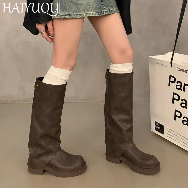 

Women Leather High Boots Designer Chunky Buckle Shoes Woman 2024 Trend Snow Chelsea Boots New Winter Goth Motorcycle Boots Mujer