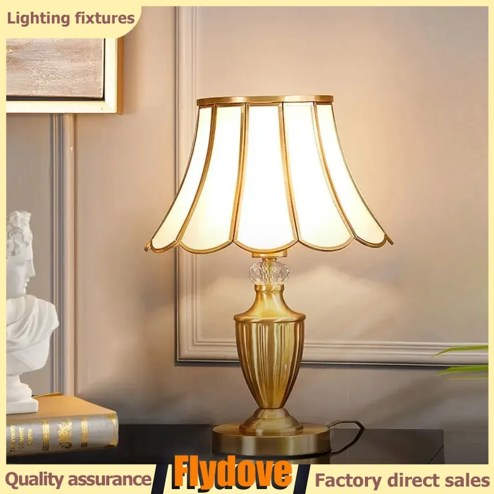 

American Modern Brass Gold Desk Lamp LED Creative Retro Luxury Bedroom Bedside Glass Lamp Pure Copper Home Decoration Desk Lamp